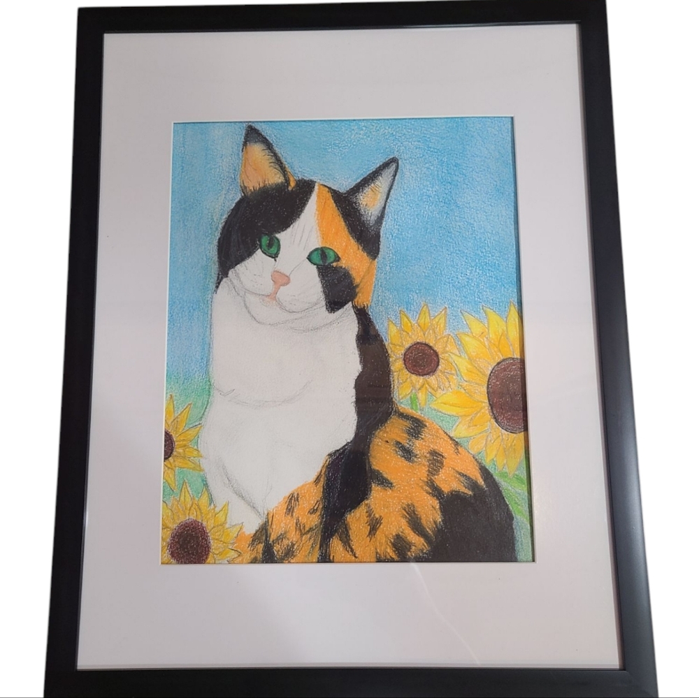 Calico Cat Original Art Signed Artwork Pencil Kitten Sunflower Framed 11× 14